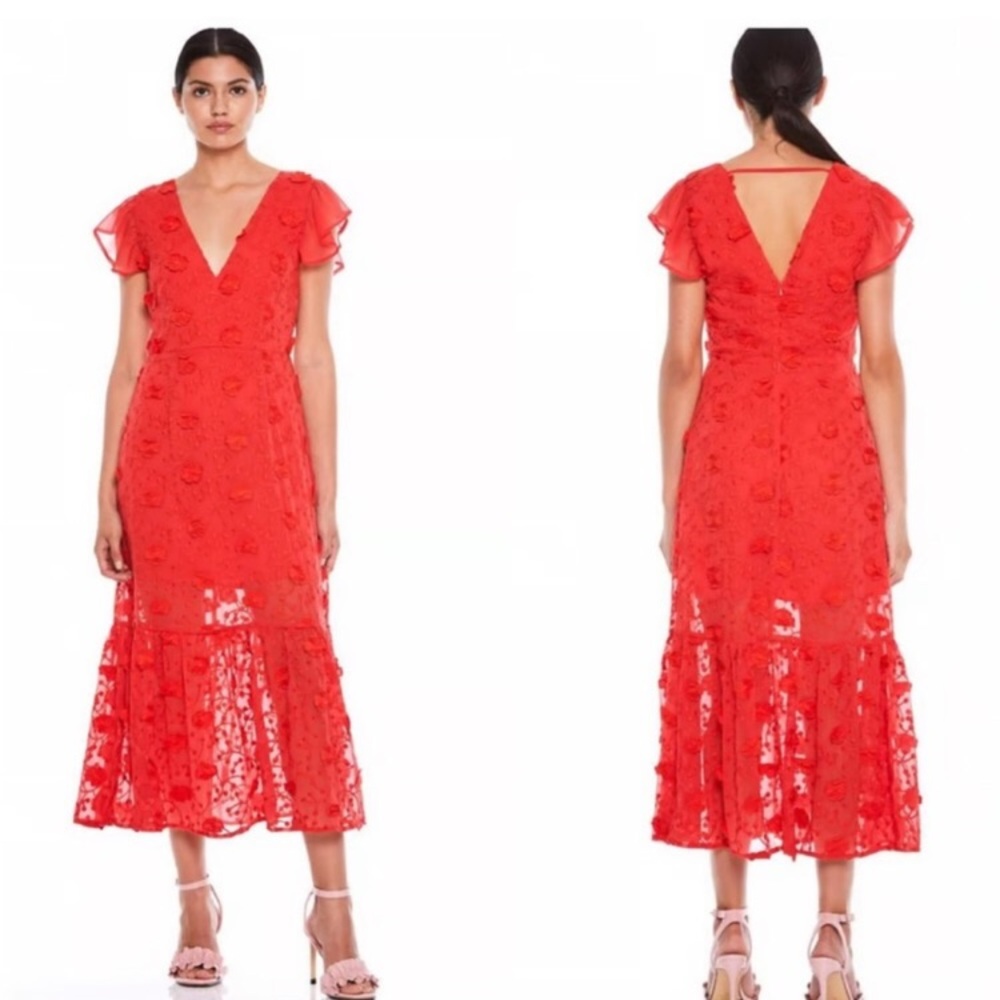 TALULAH LA MAISON NWT Red V-Neck EMBROIDERED RAISED FLORET Midi Flutter Sleeve